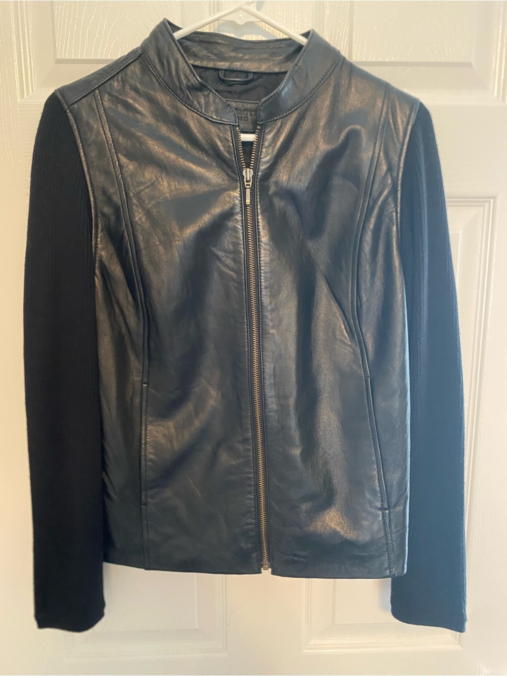 Jaclyn Smith Black Leather Jacket with Knit Sleeves